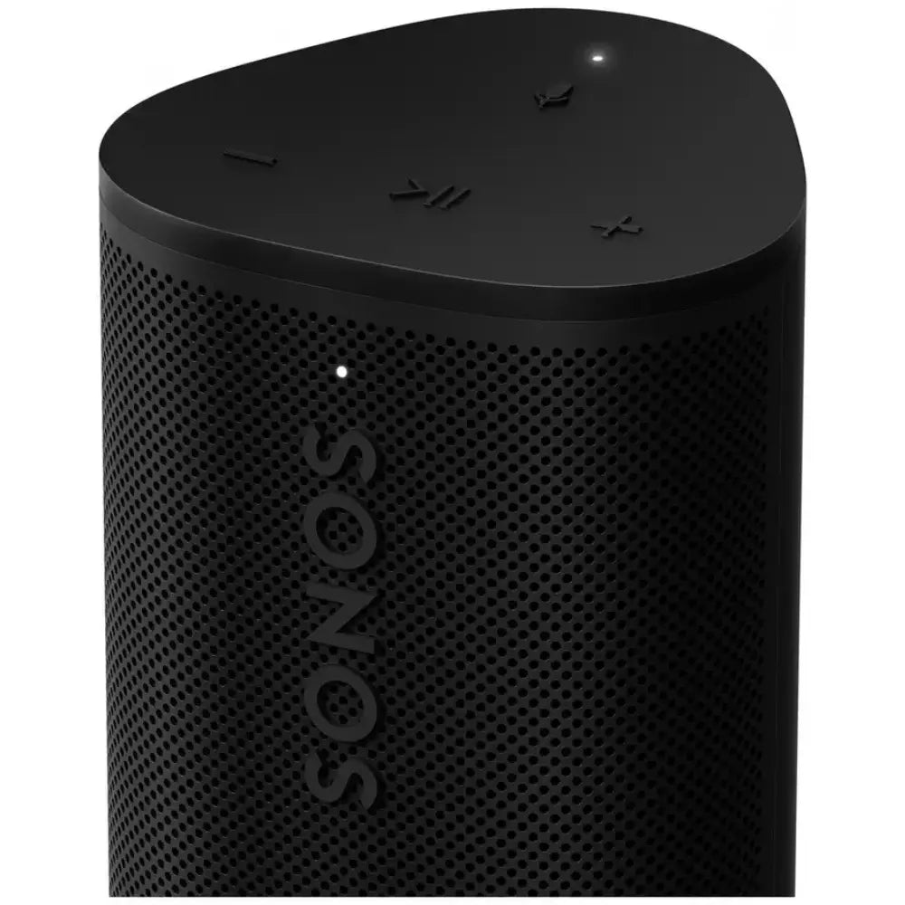 Black portable Bluetooth speaker top with control icons and mesh body