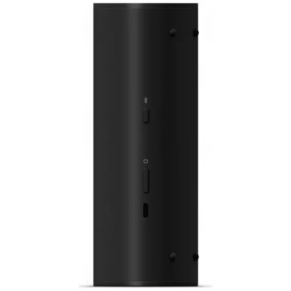 Black portable Bluetooth speaker rear with ports and two pin sockets