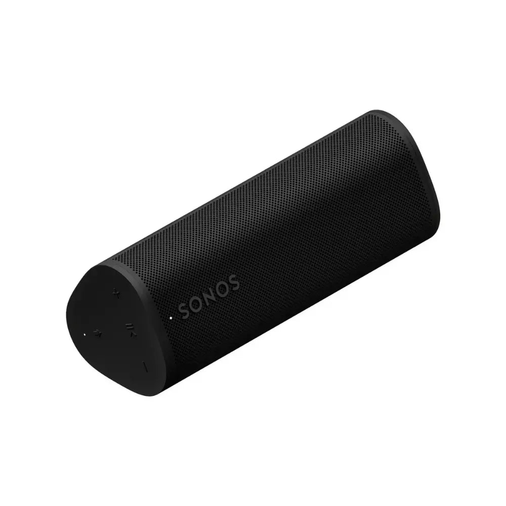 Black portable Bluetooth speaker lying at an angle with cylindrical mesh grille