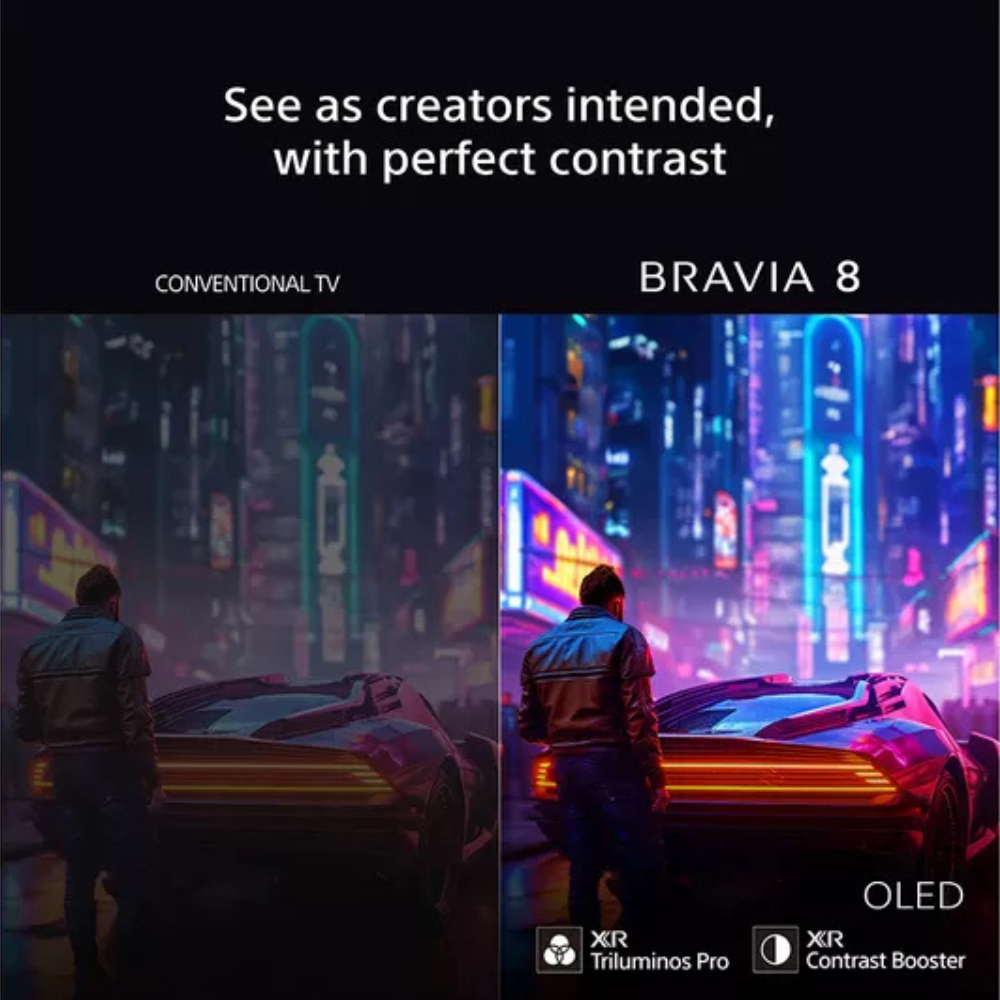 Sony Bravia 8 OLED 4K TV displaying bright city lights on the screen