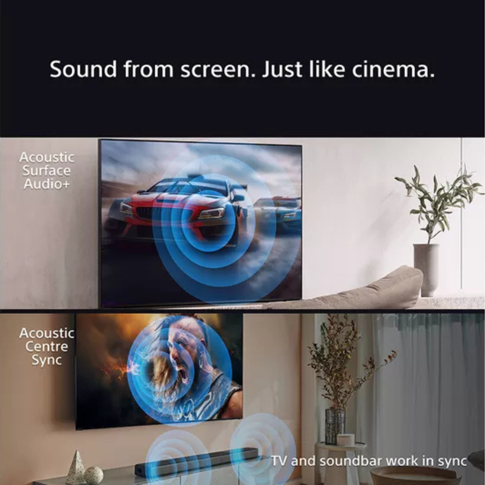Sony Bravia 8 OLED 4K TV showing blue sound-style visuals on-screen