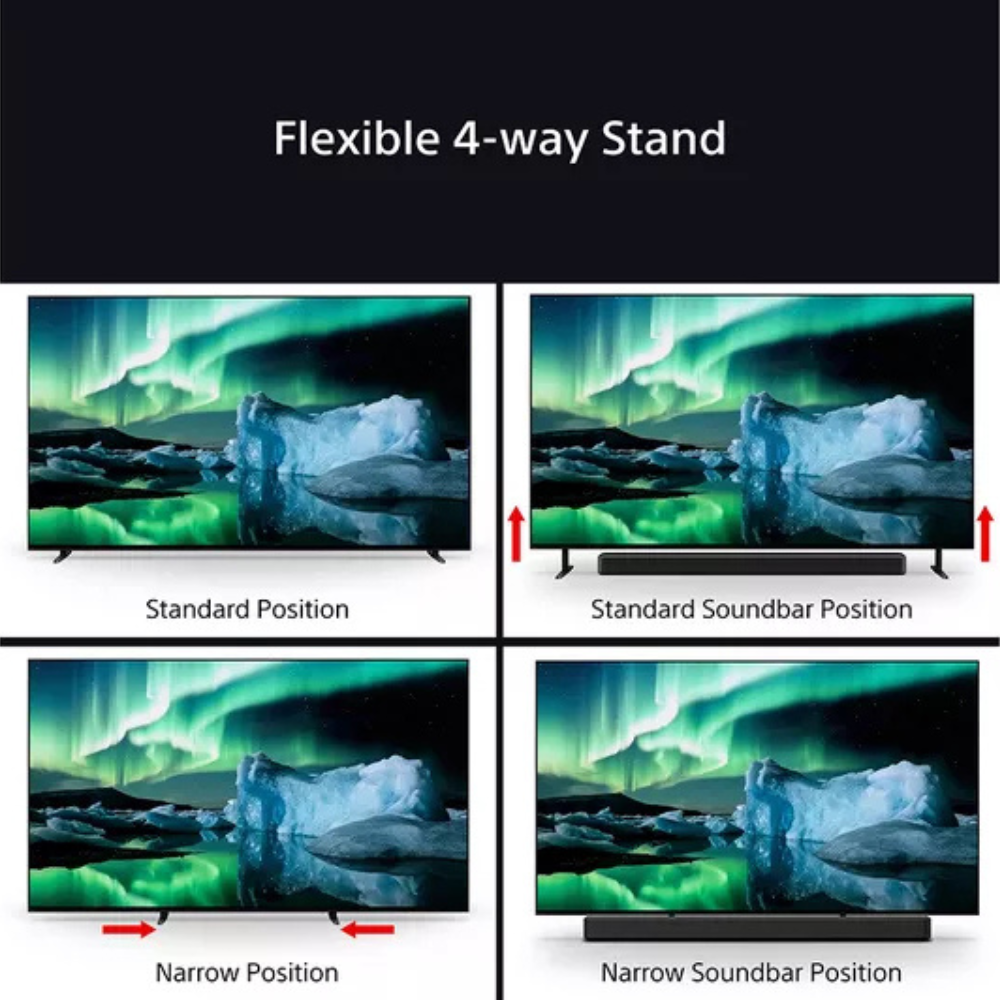 Sony Bravia 8 OLED 4K TV with flexible 4-way stand positioning diagram