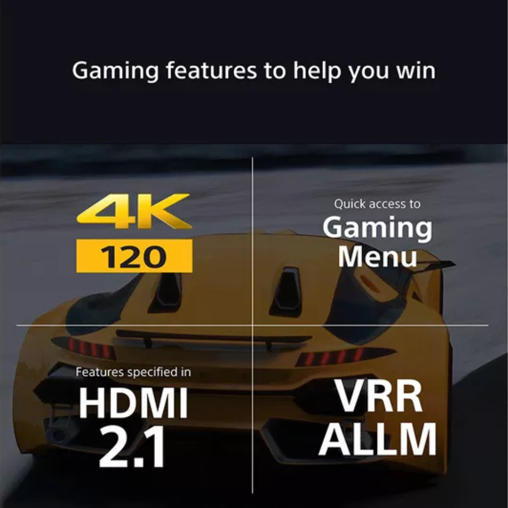 Sony Bravia 8 OLED 4K TV showing gaming menu with 4K 120, VRR, and ALLM icons