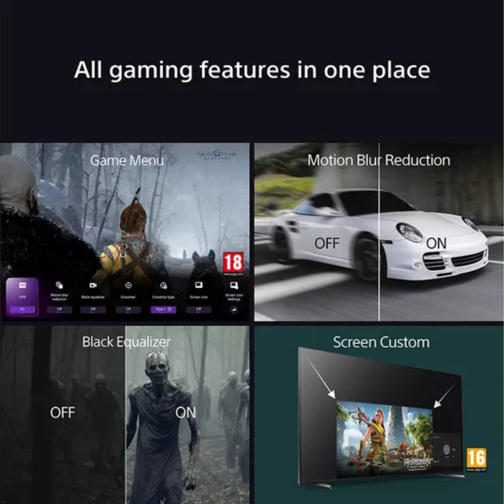 55-inch OLED TV showing game feature menu with Motion Blur Reduction and Screen Custom