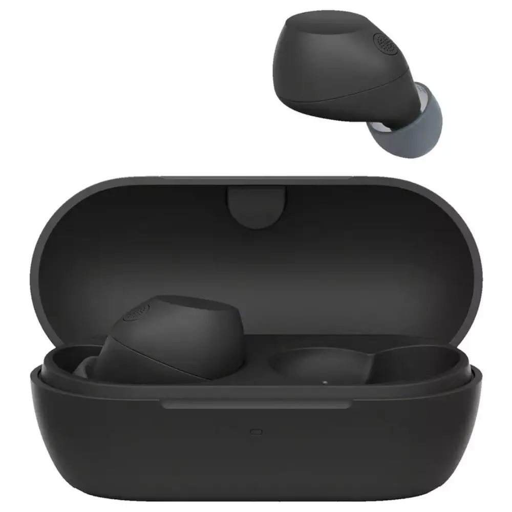 Black Sony true wireless earbuds in open charging case, showing two earbuds