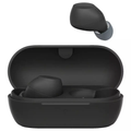 Black Sony true wireless earbuds in open charging case, showing two earbuds