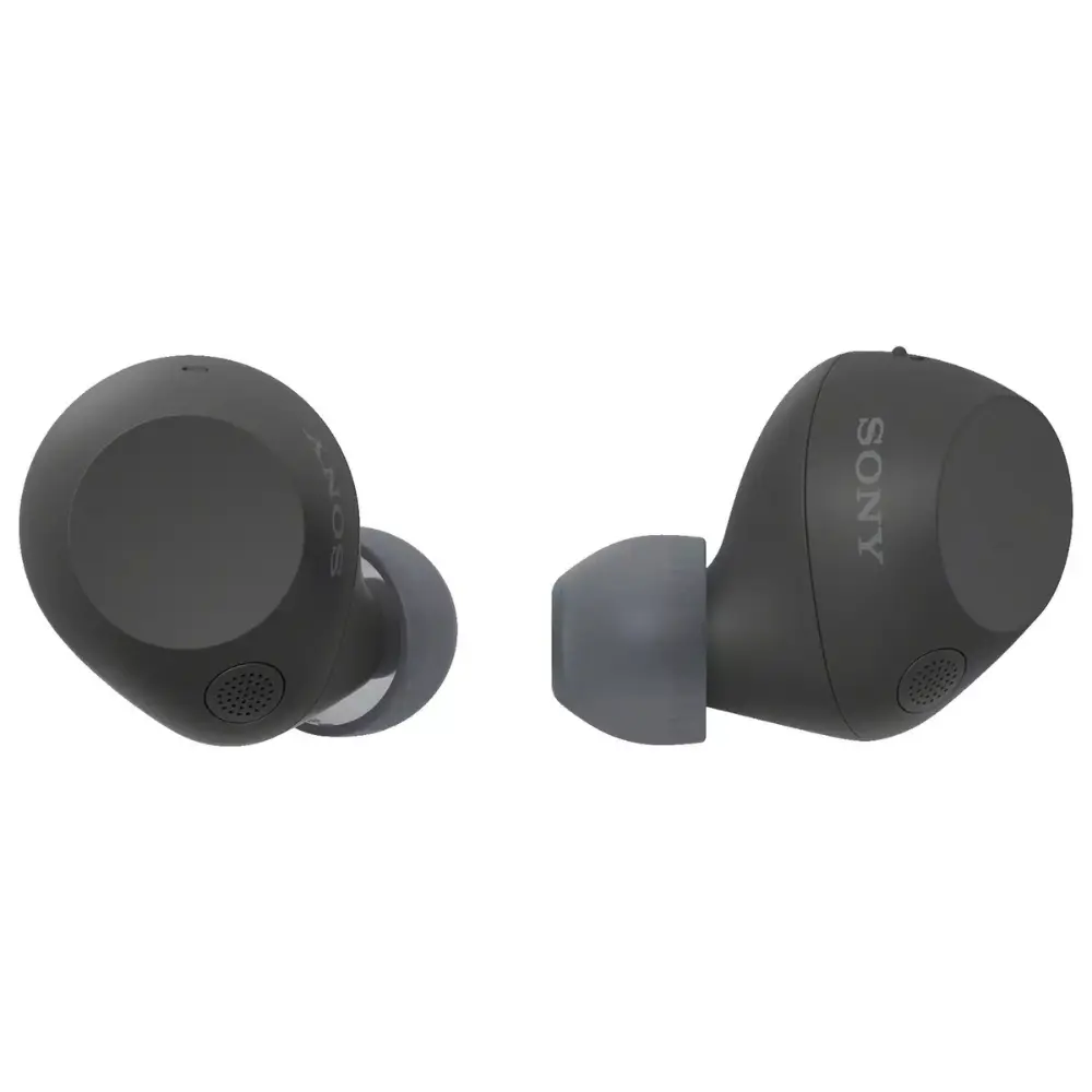Pair of black in-ear earbuds with foam tips, earbuds facing different angles