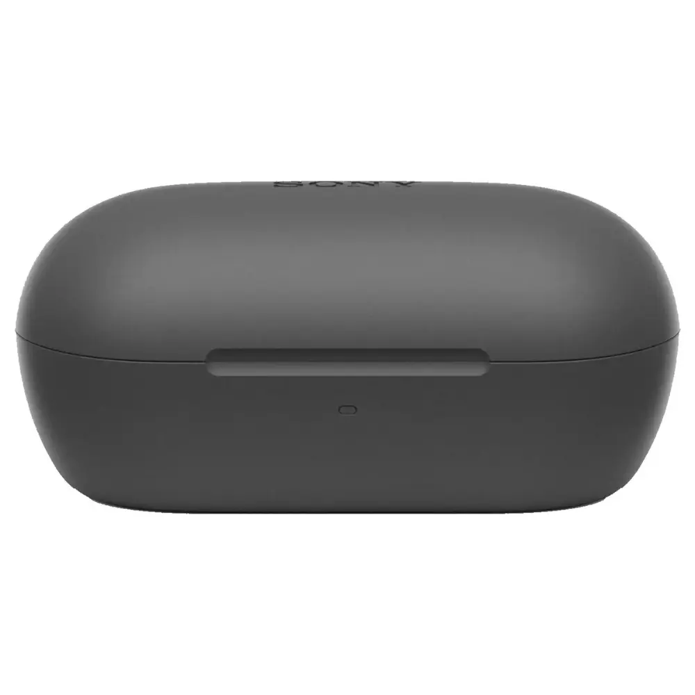 Black charging case for true wireless earbuds, front view