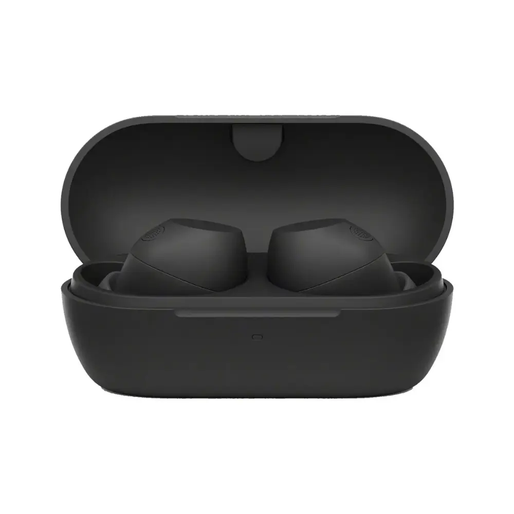 Open black charging case with two black earbuds seated