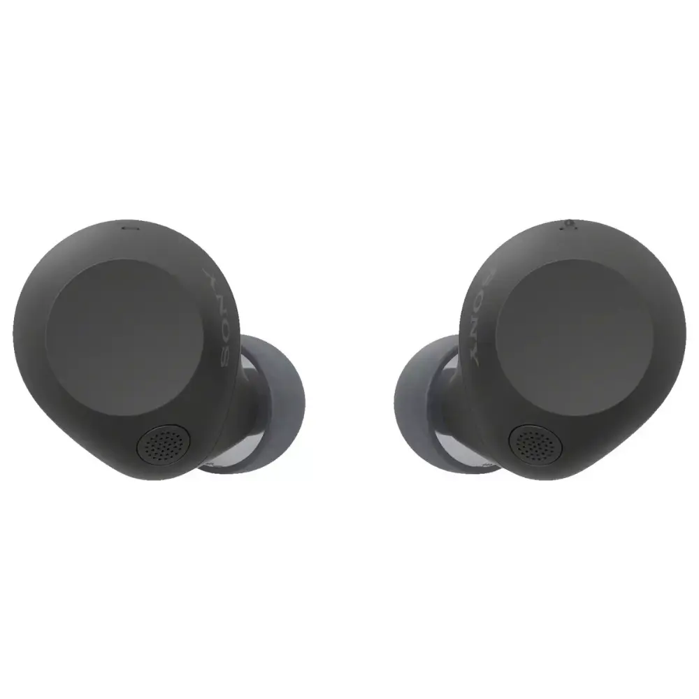 Two black in-ear earbuds, earbuds facing forward with speaker grilles