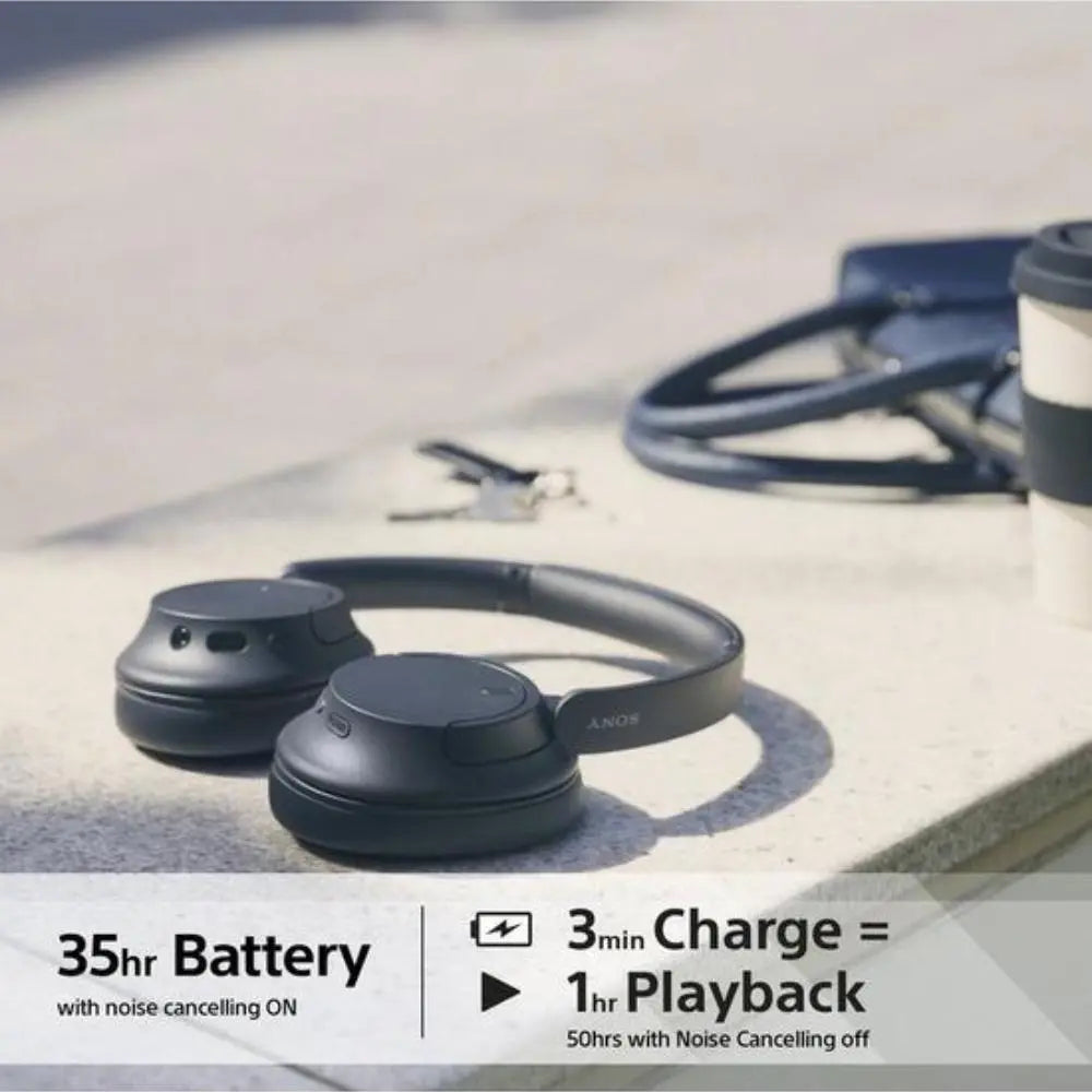 Wireless noise-cancelling over-ear Bluetooth headphones, black, on surface with case