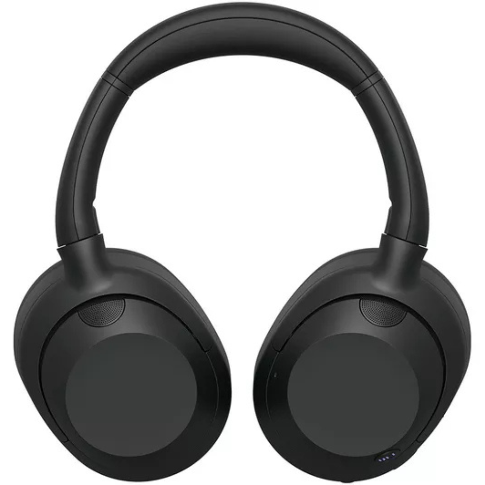 Black over-ear wireless headphones, front view with two padded earcups