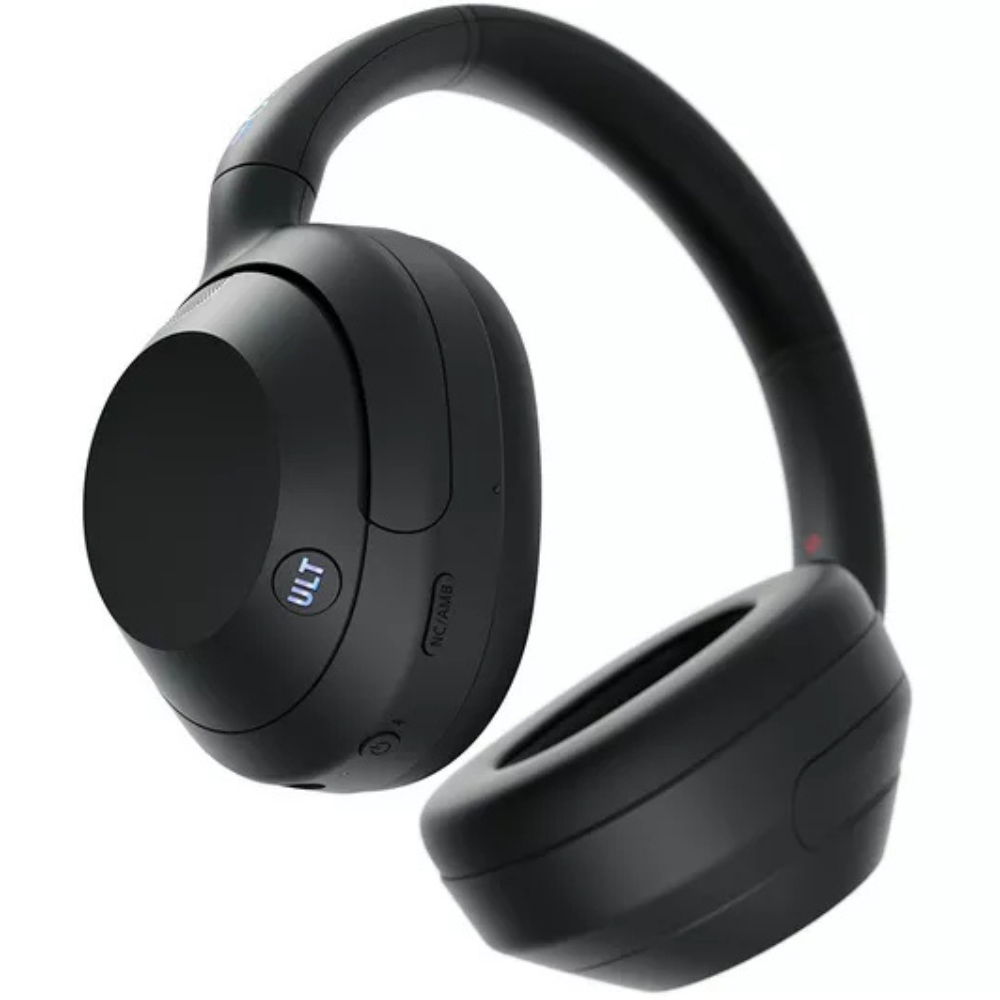 Black over-ear wireless headphones, side view with control buttons on earcup