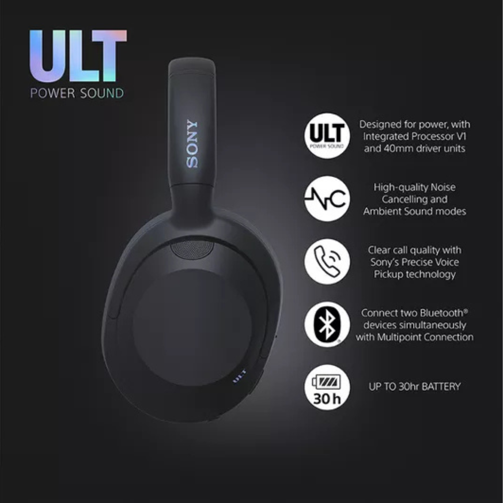 Black over-ear wireless headphones, studio view with centered earcup speaker grille