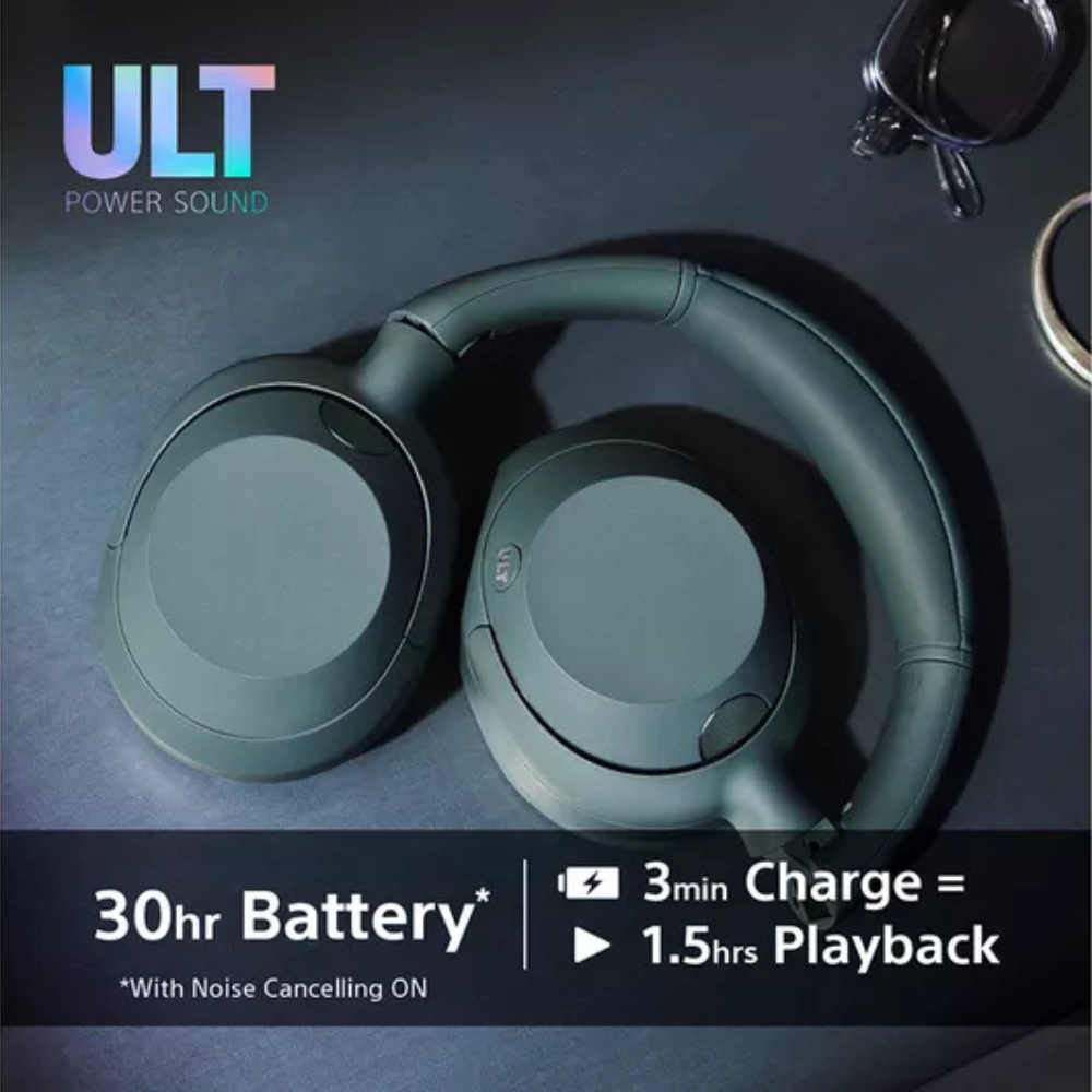 Over-ear wireless headphones in dark green with padded headband and circular earcups