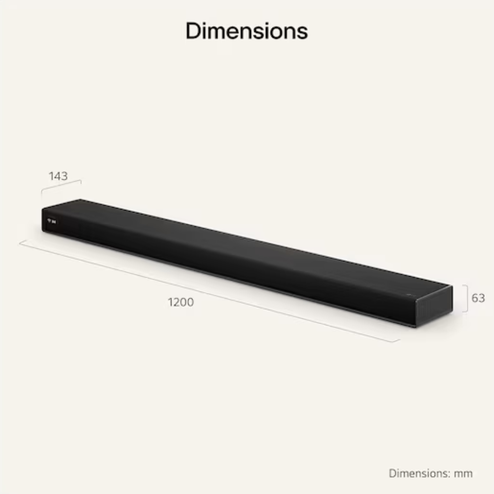 LG soundbar shown with length and height dimension lines