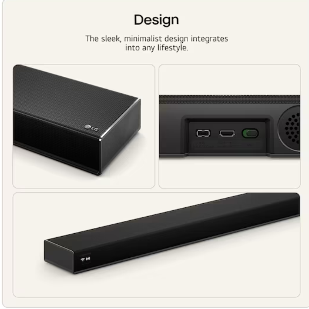LG soundbar with textured grille and rear input ports