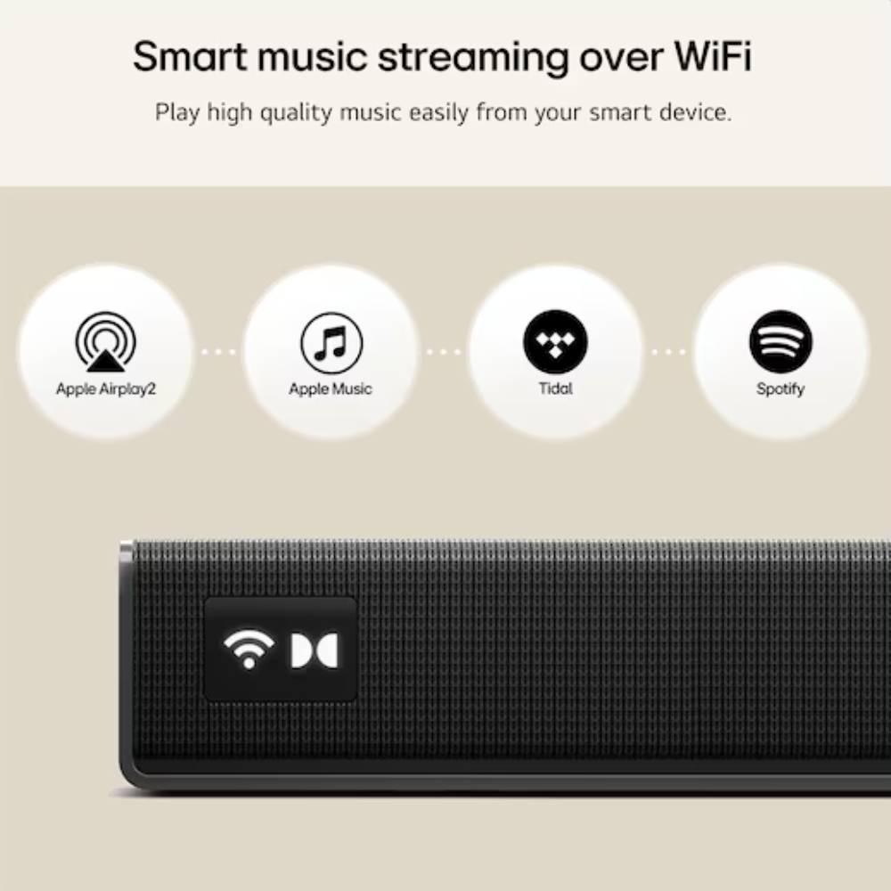 LG soundbar with textured grille and Wi-Fi streaming feature icons