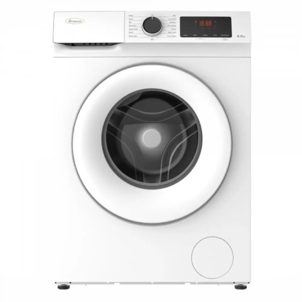 White front-load washing machine with round door and digital control display
