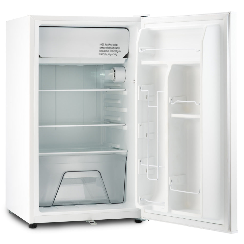 Under-counter LED fridge open door showing interior shelves and bottle storage