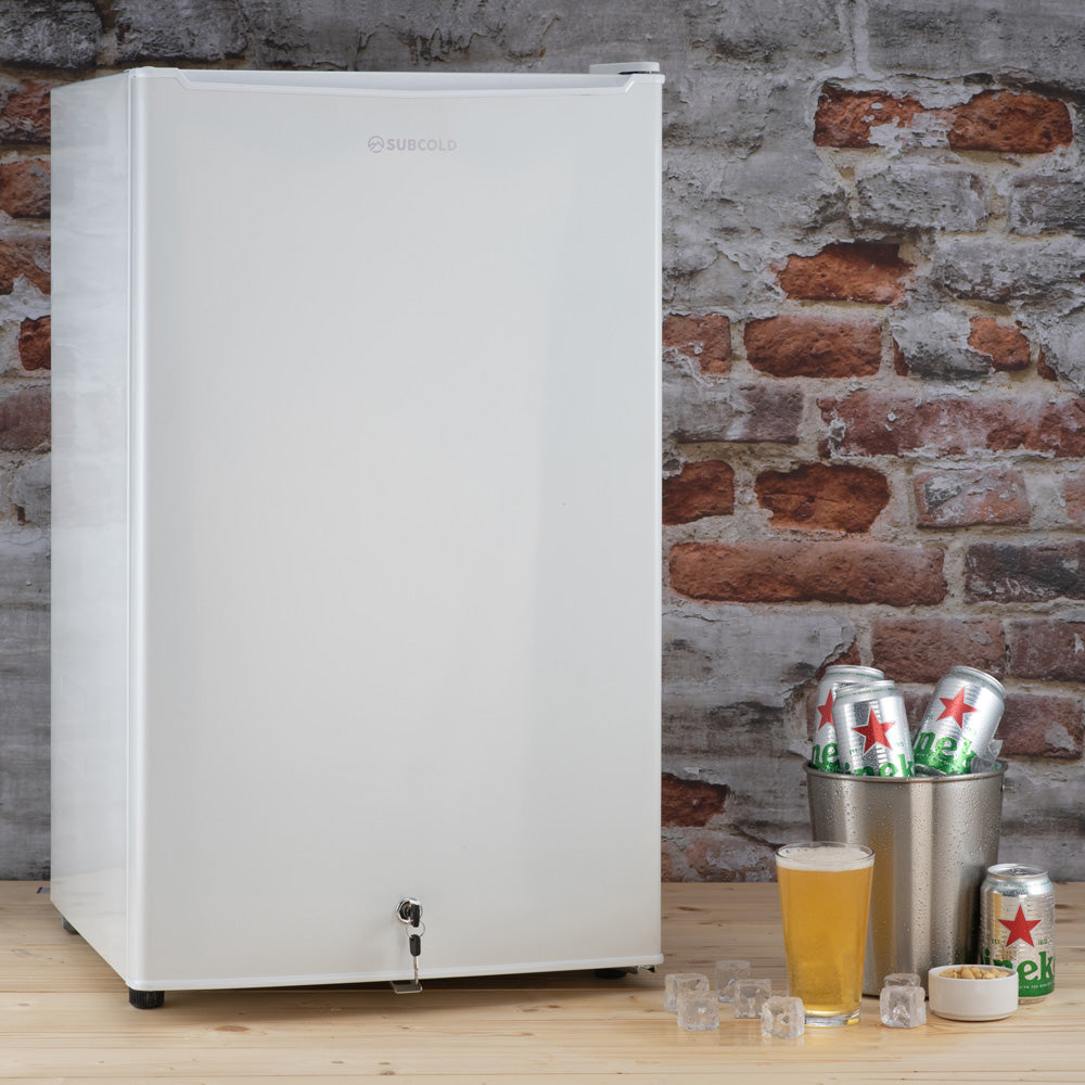 Under-counter LED fridge, white cabinet with door and small metal handle at bottom