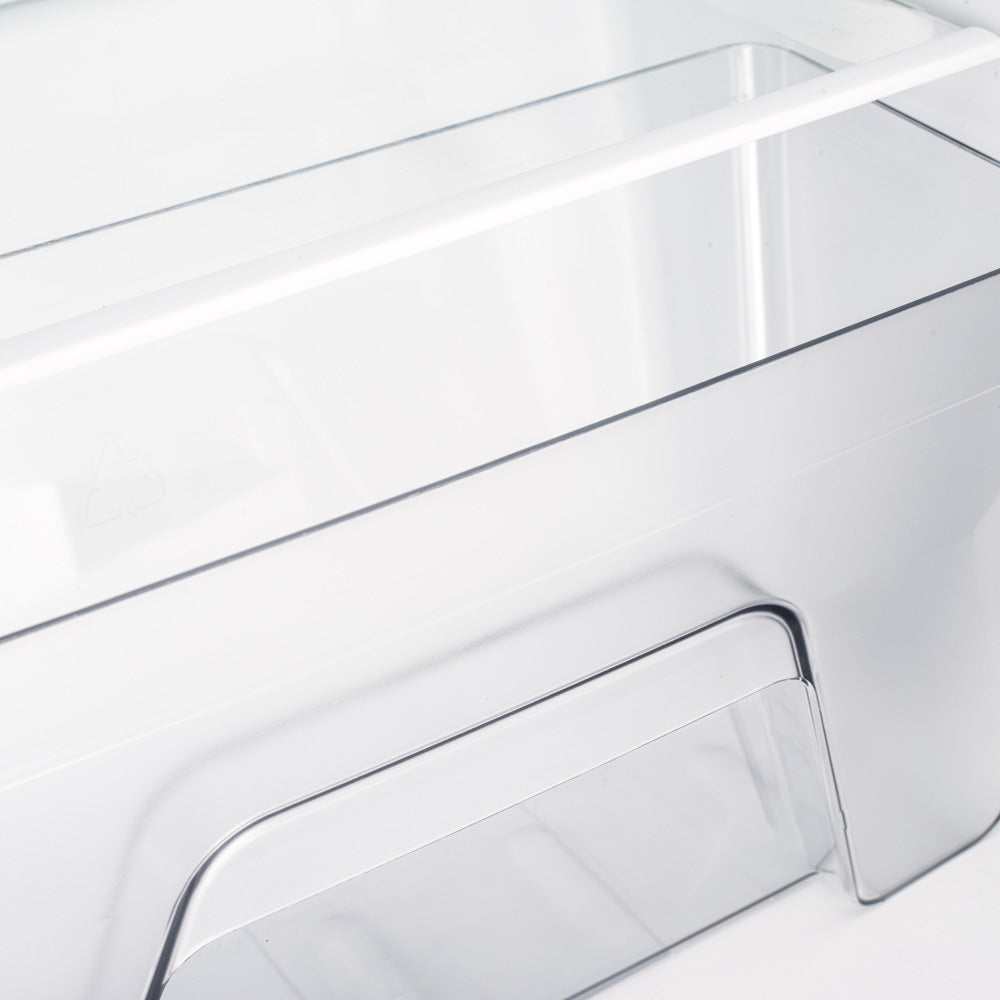 Close-up of internal shelf supports and metal rail inside a white fridge.