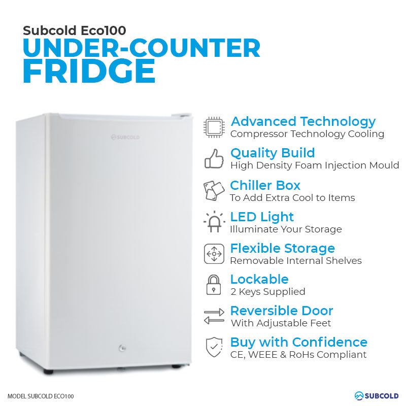 White under-counter fridge with hinged door and built-in LED light.