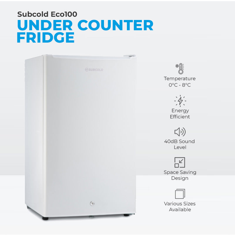 Under-counter LED fridge front view with temperature, energy, and sound icons