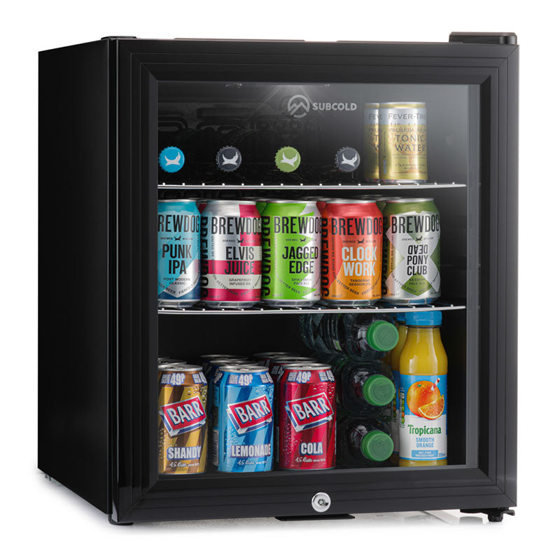 Subcold Super50 LED beer fridge, black glass-door unit with stocked cans and bottles inside