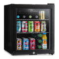 Subcold Super50 LED beer fridge, black glass-door unit with stocked cans and bottles inside
