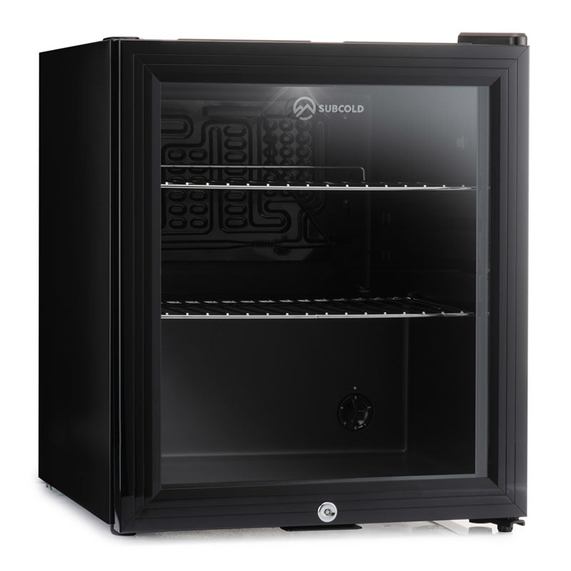 Subcold Super50 LED beer fridge, black glass-door unit with empty shelves and locking knob