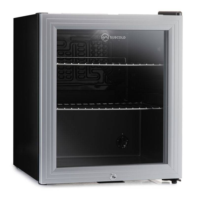 Stainless steel LED beer fridge with glass door and empty wire shelves