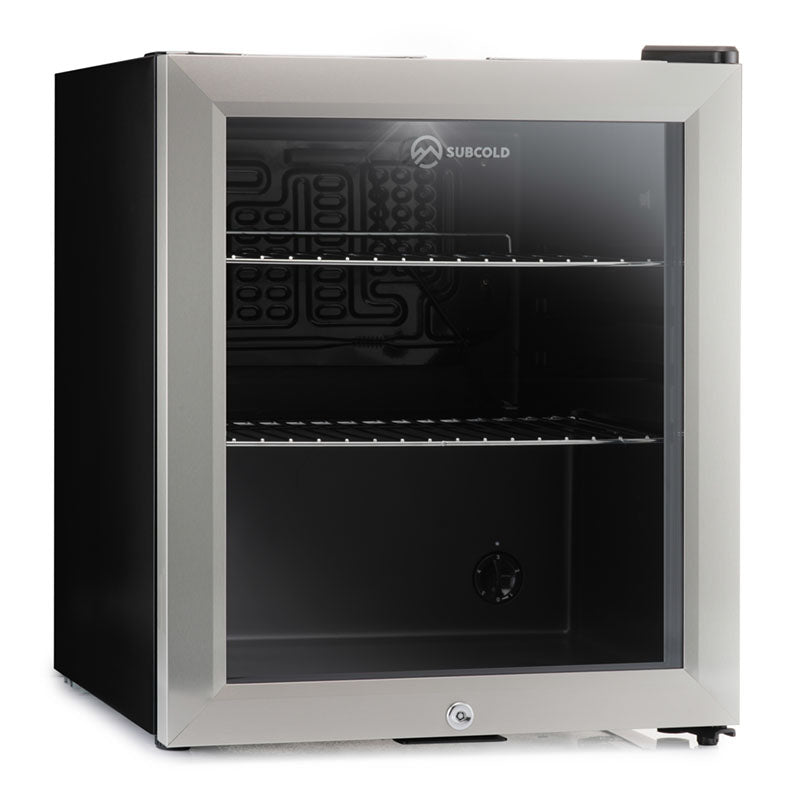 LED beer fridge with open door, showing empty interior shelves and racks