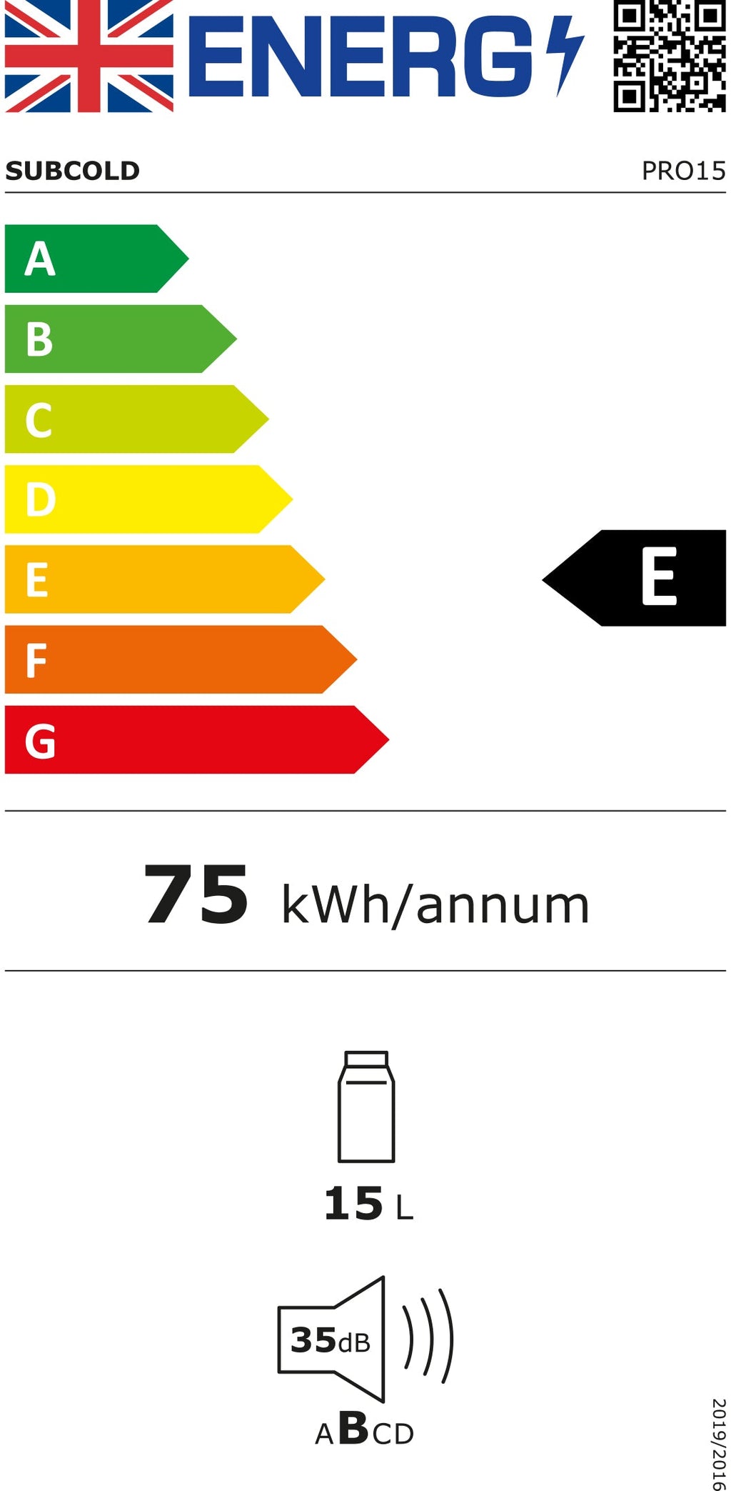 Energy efficiency label for mini fridge showing 75 kWh/annum and 15L capacity