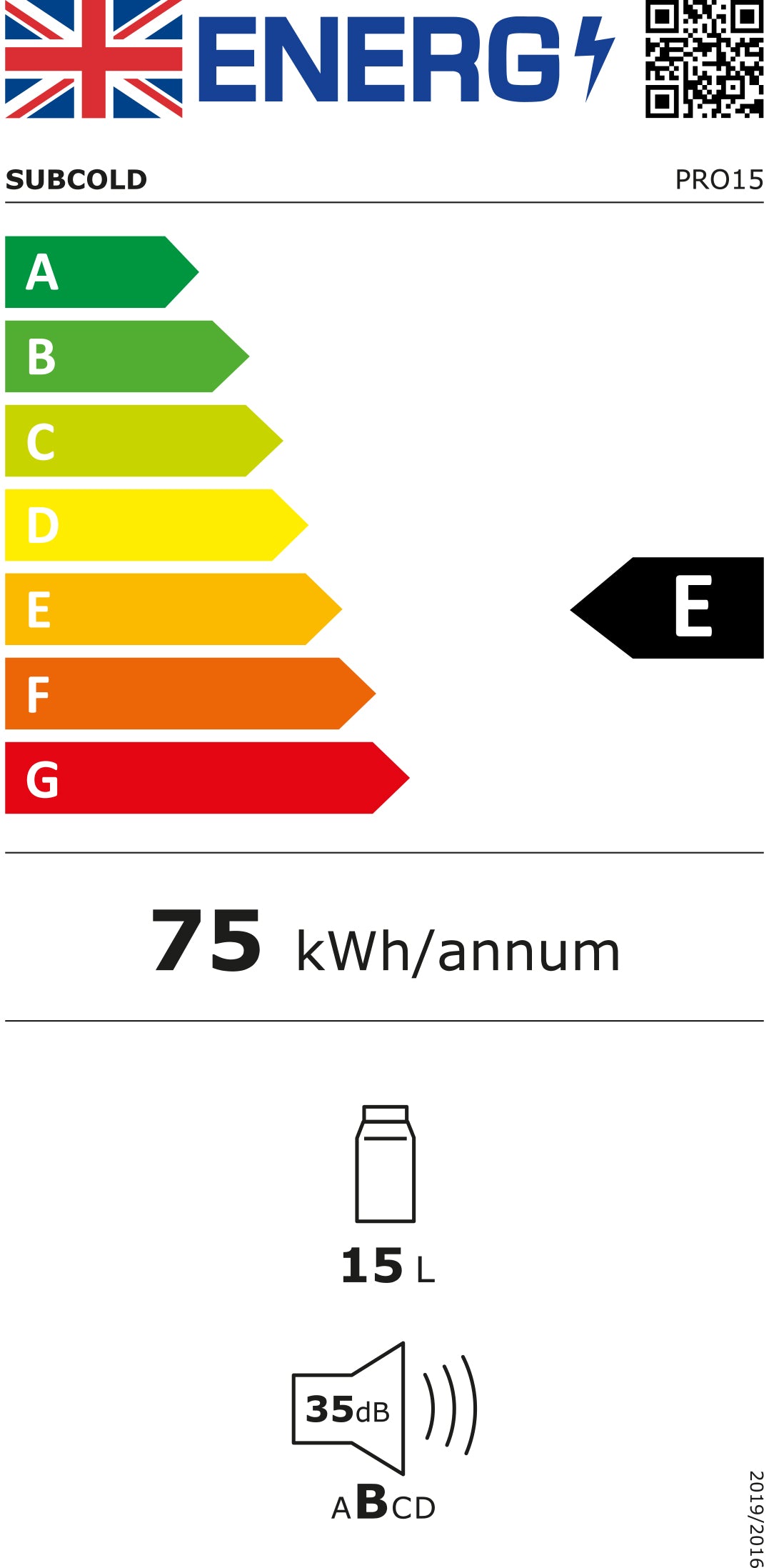 Energy efficiency label for mini fridge showing 75 kWh/annum and 15L capacity