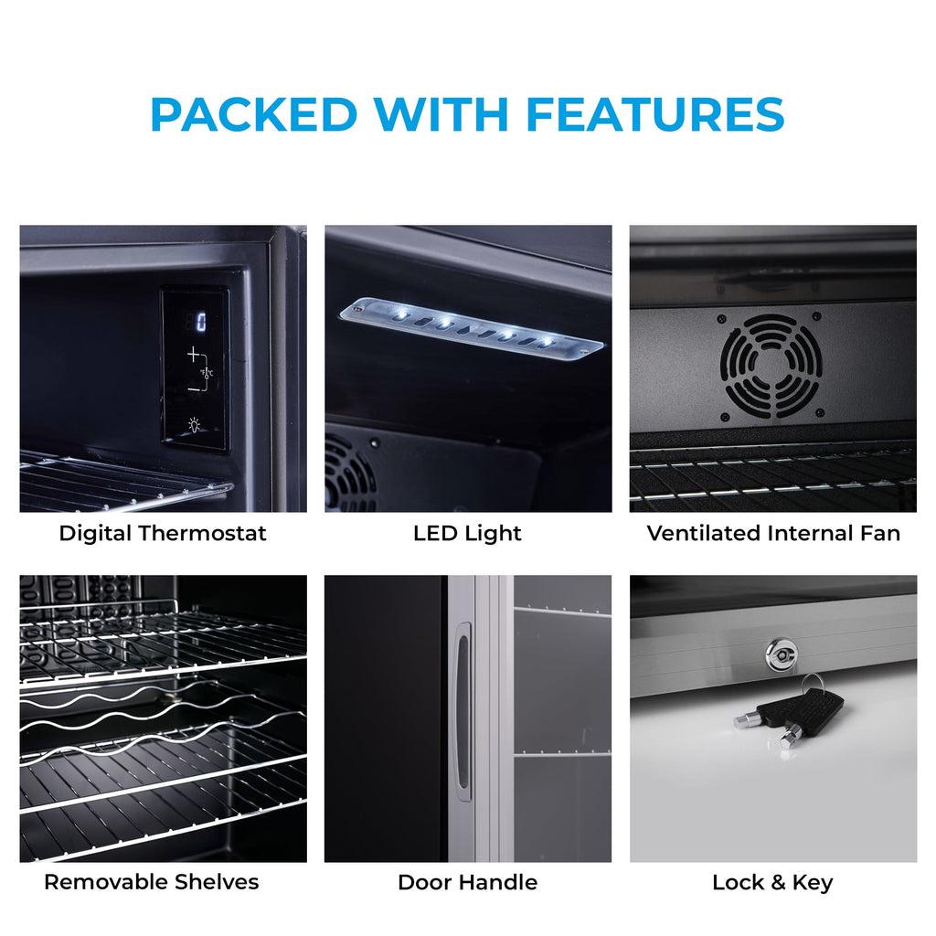 Black beer fridge features: digital thermostat, LED light, and ventilated fan