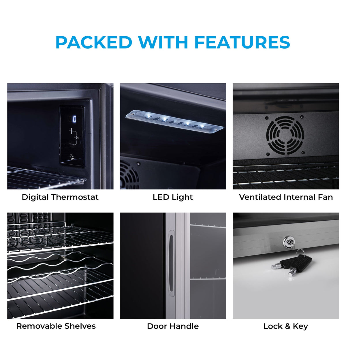 Black beer fridge features: digital thermostat, LED light, and ventilated fan