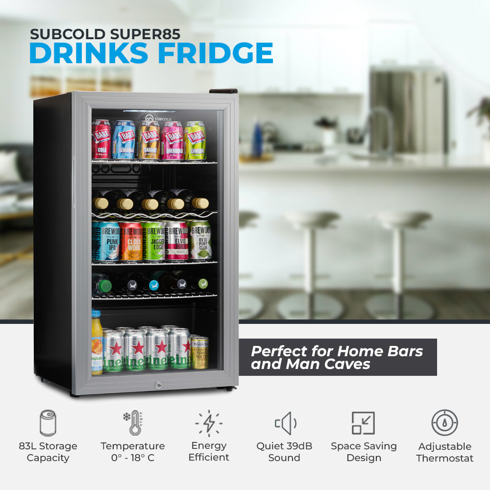 Silver LED drinks fridge with glass door and rows of cans inside