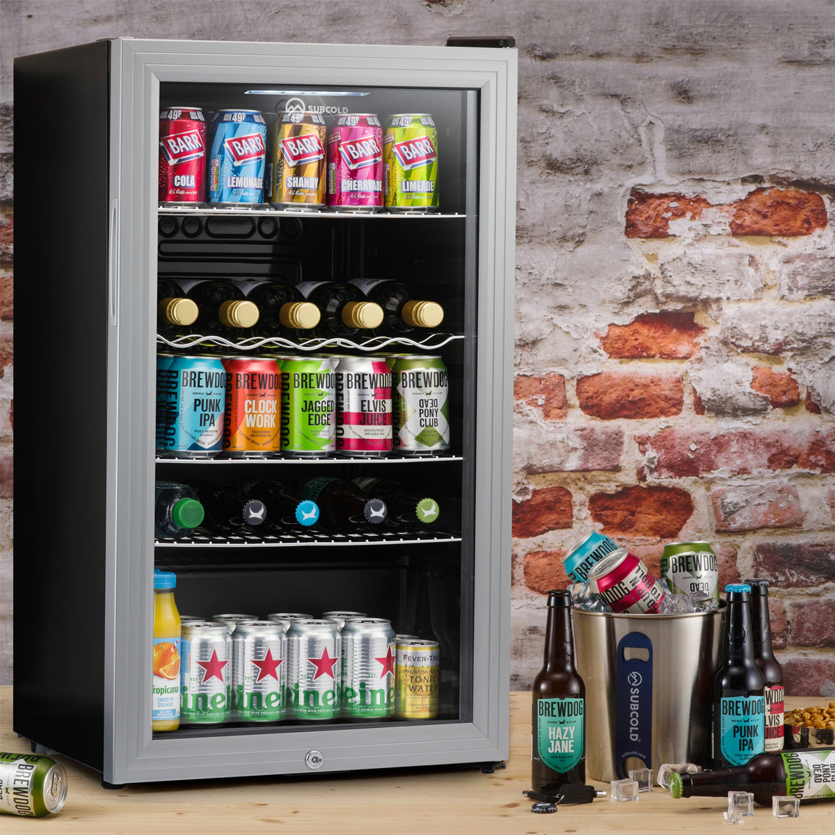 Silver LED beer fridge open with cans, bottles, and wire shelf rows