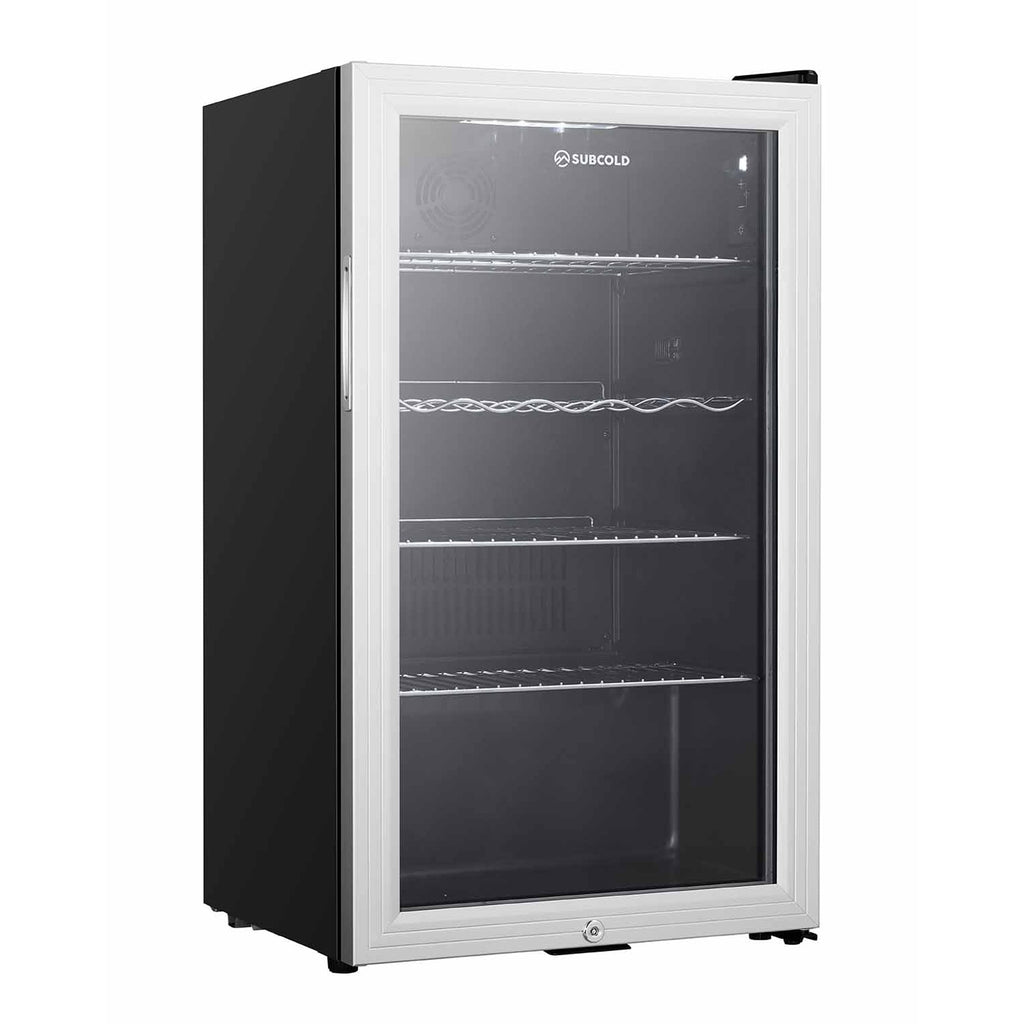 Silver LED beer fridge with front glass door and interior lighting