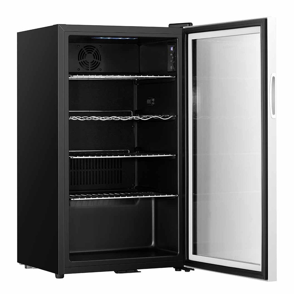 Black beer fridge with open door showing interior shelves and cooling fan