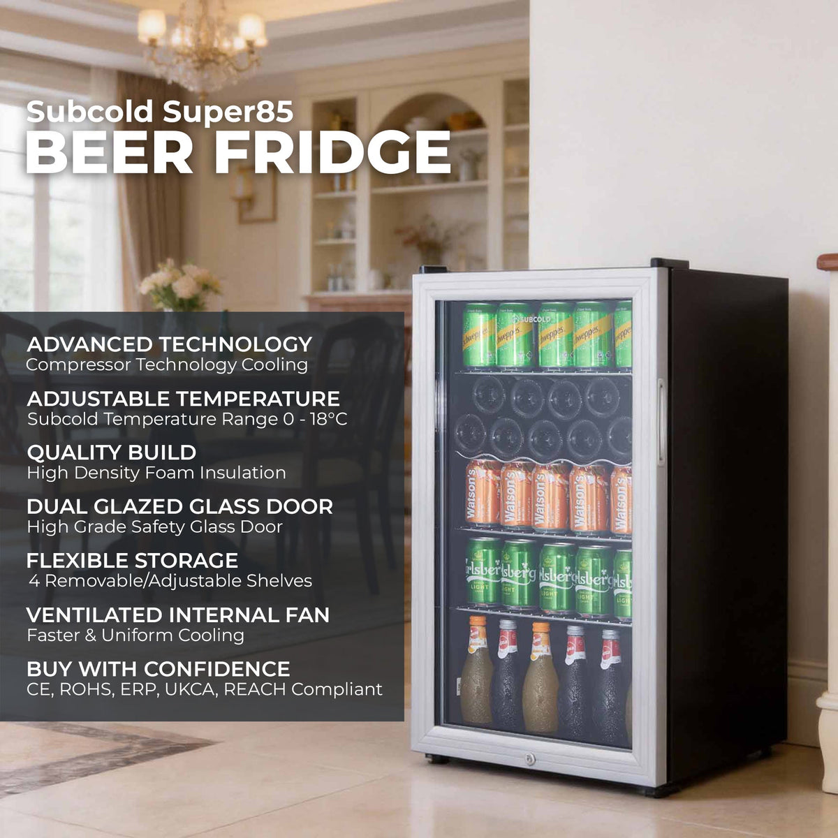 Silver LED beer fridge open with can and bottle storage inside