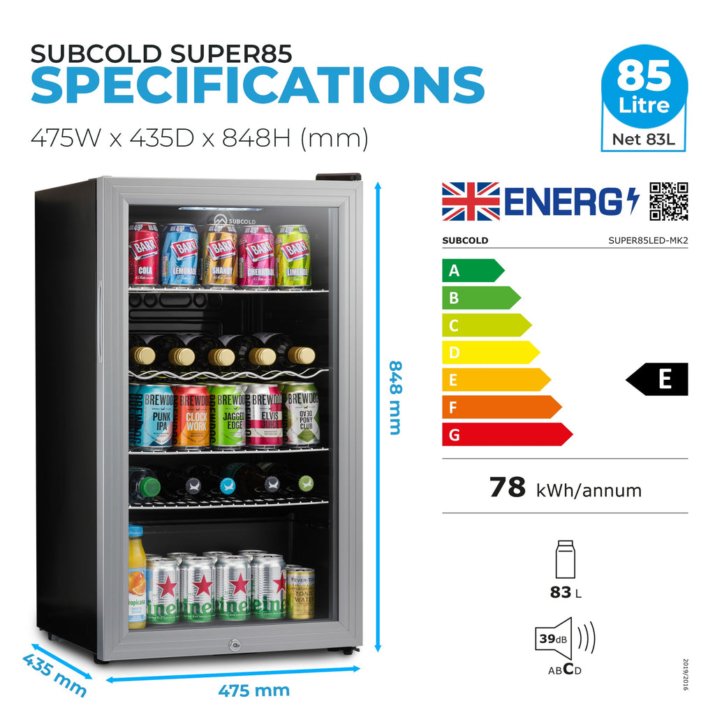 Black LED beer fridge with open door, interior shelves and drinks on racks