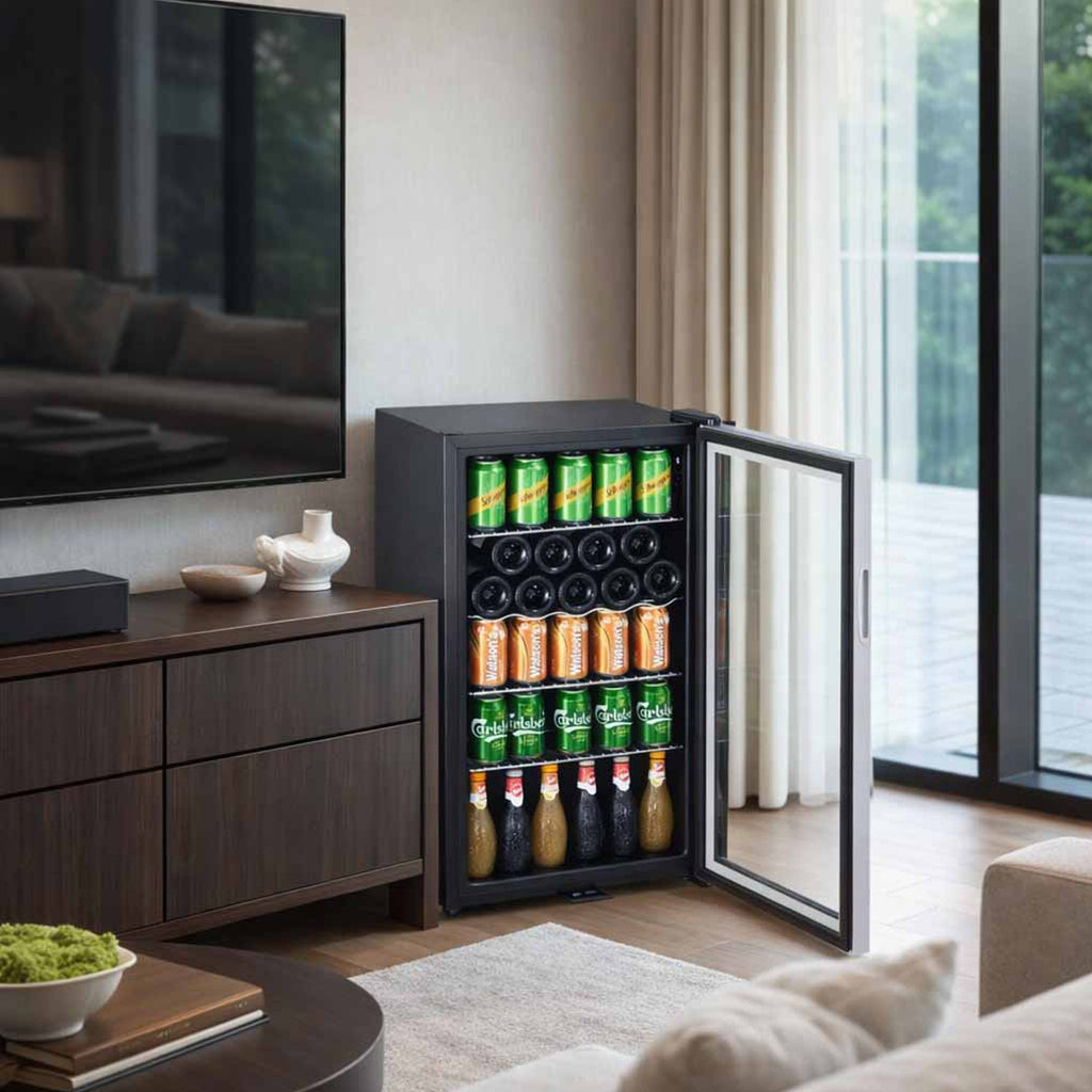 Silver LED beer fridge with open door showing bottles and can storage