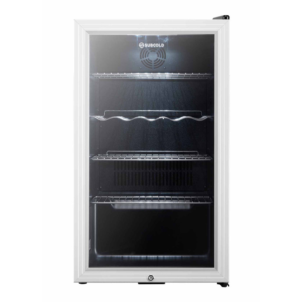 Silver beer fridge with open door, interior racks, and air vent fan
