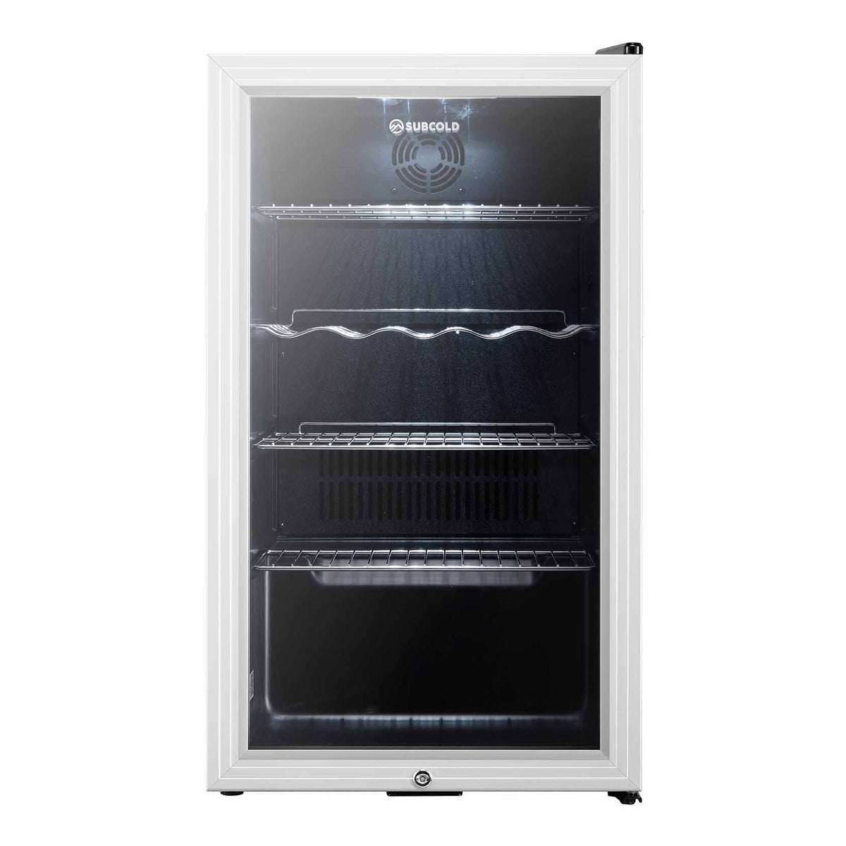Silver beer fridge with open door, interior racks, and air vent fan