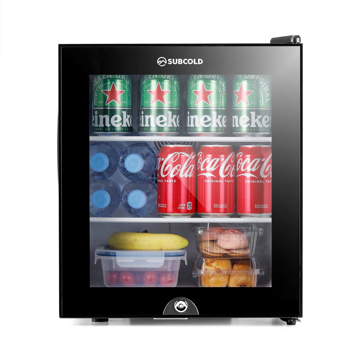 Black mini fridge with glass door, stocked drinks and containers visible through the window.