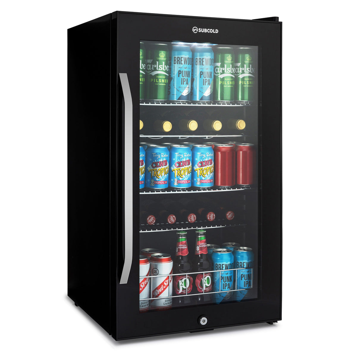 Black Subcold beer fridge with glass door and LED-lit interior shelves