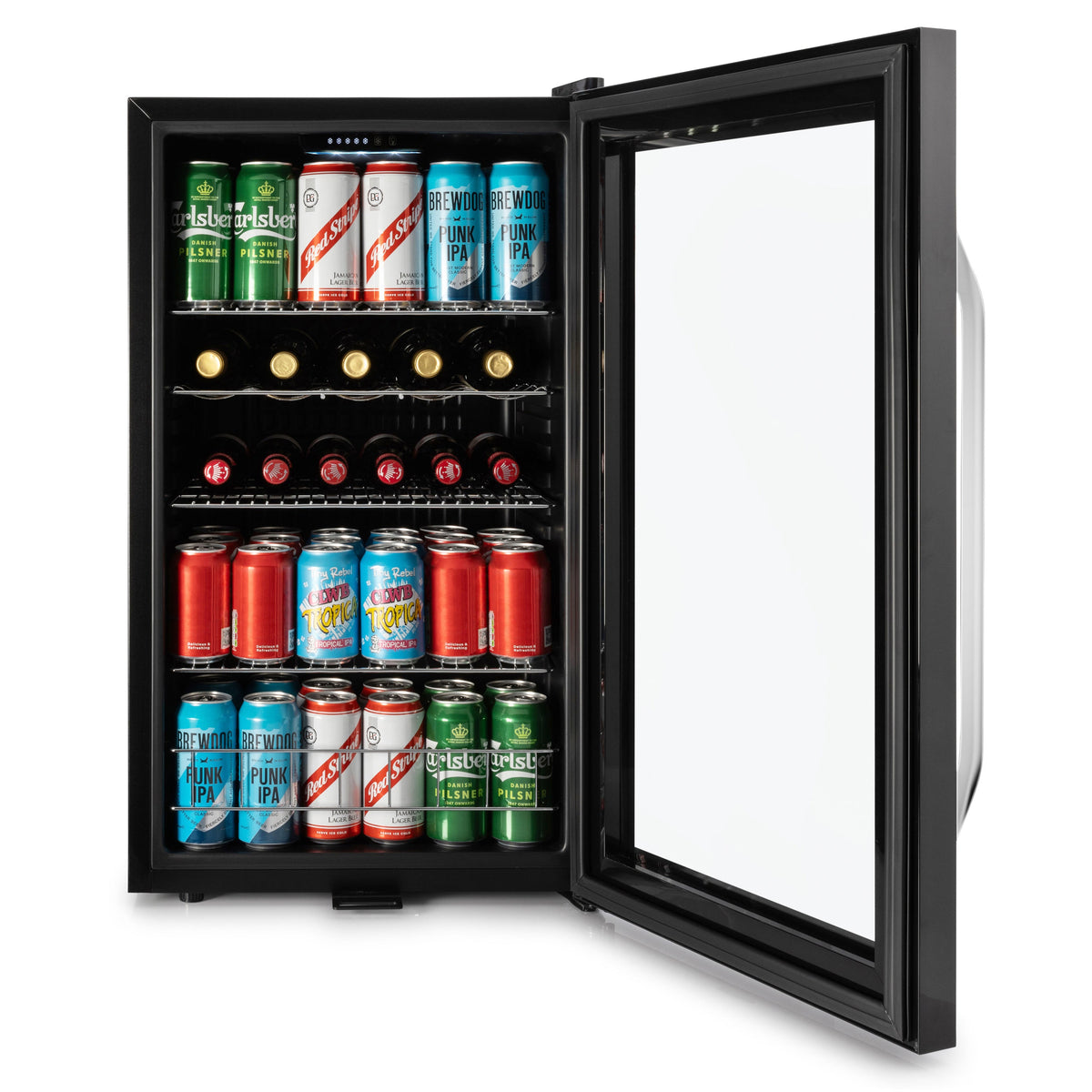 Black beer fridge with open door, visible cans and bottles on lit interior shelves