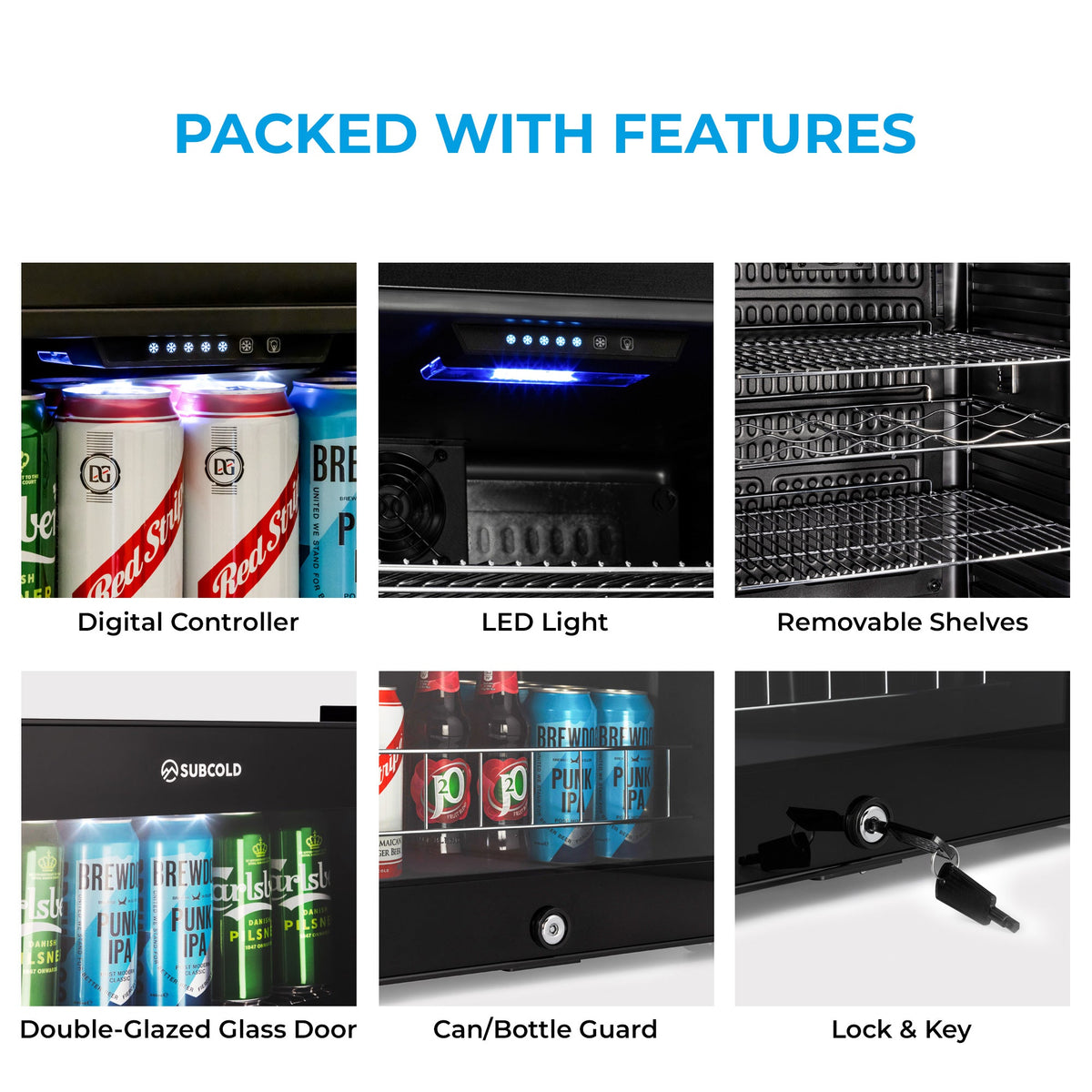 Subcold Ace100 features collage: digital controller, LED light, removable shelves, lock & key